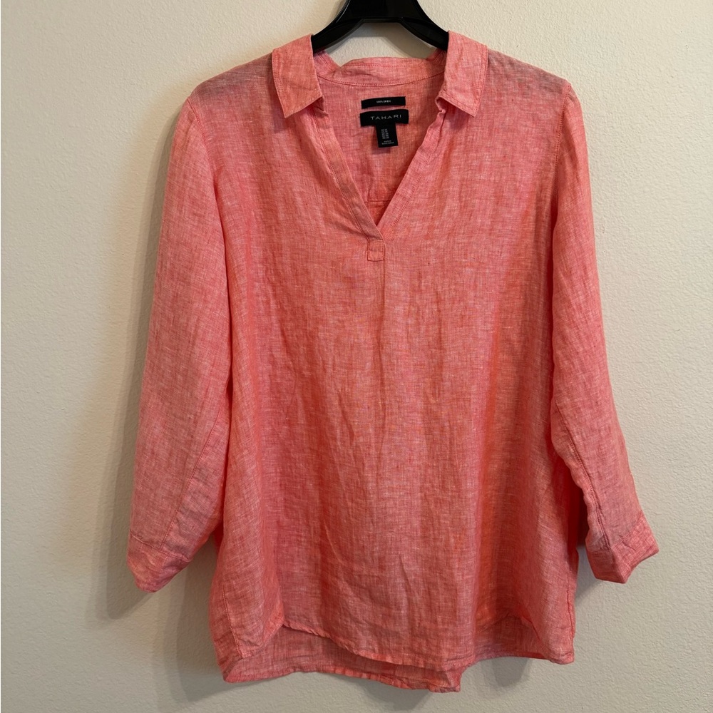 Tahari 100% Linen Roll Tab Sleeves Shirt Blouse Top Size 1X